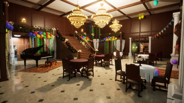 Official MECCHA CHAMELEON screenshot of a large mansion room with many hiding surfaces and sightlines