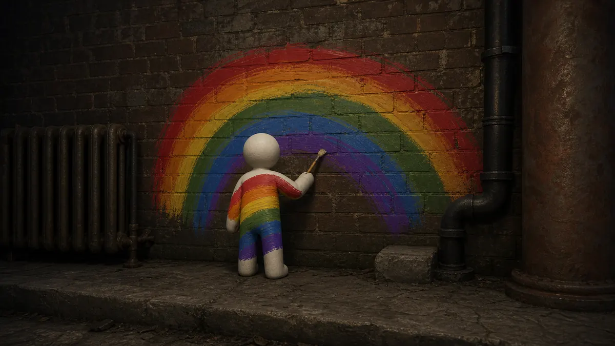Brush-painted rainbow camouflage on a dark brick wall