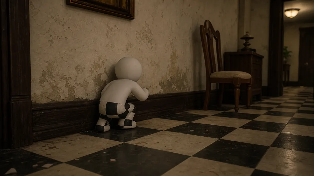 Compact white hider testing checker-floor camouflage in a corridor