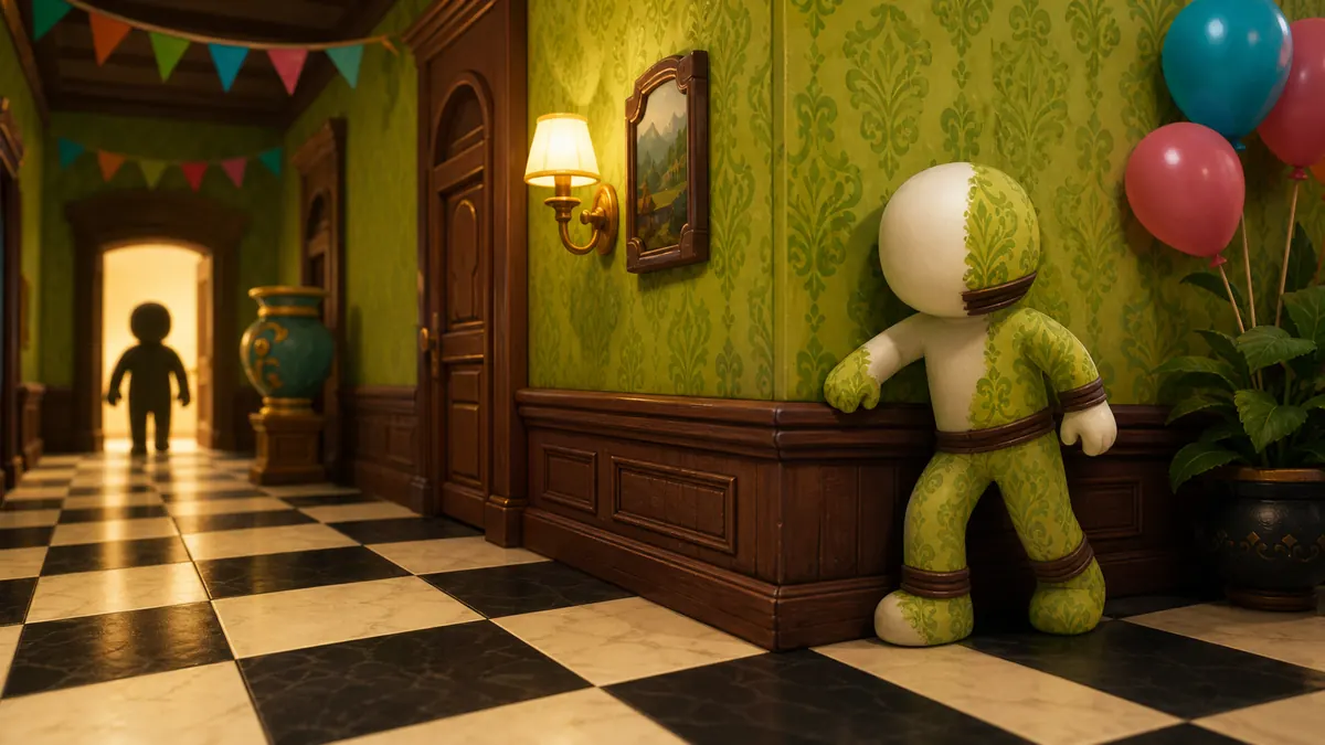 White hider blending into a patterned mansion hallway