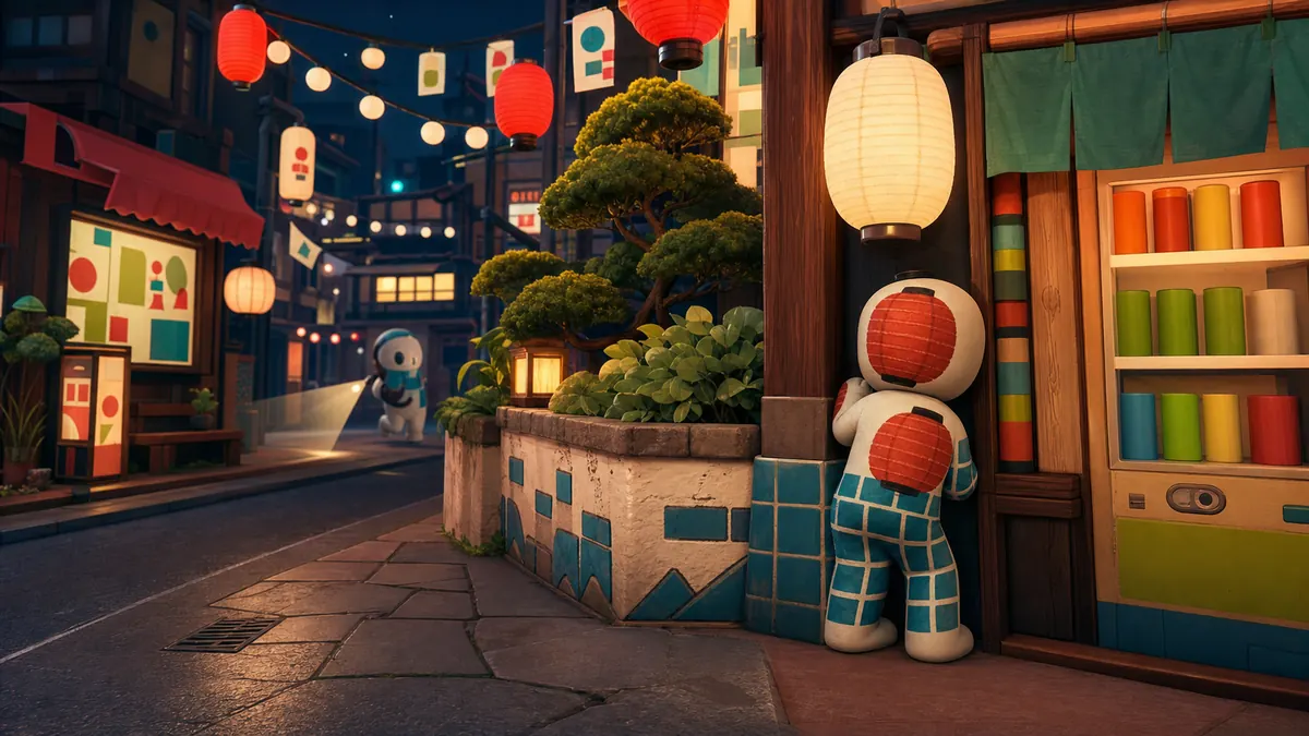 White hider blending into a lantern-lit street corner